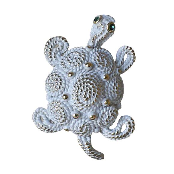 1970s Napier Rope Textured White Enamel Green Glass Turtle Tortoise Pin Brooch - Picture 2 of 5